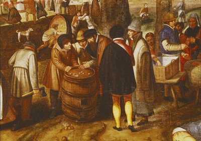 Flamand vásár, kockával játszó férfiak részlete alkotó: Maerten van Cleve